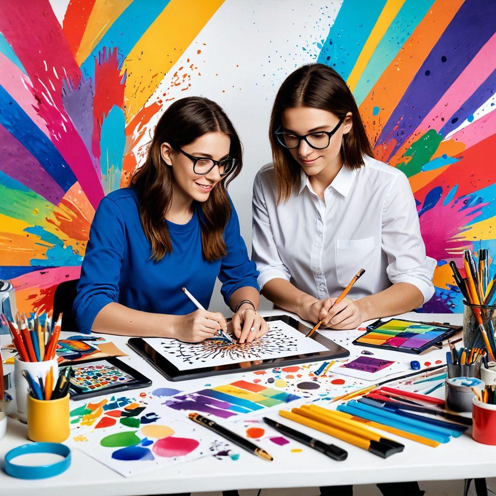 A creative workspace filled with vibrant colors, showcasing an artist designing a logo with various tools like a sketchpad, digital tablet, and paintbrushes. Include elements of joy and inspiration, such as colorful bursts and playful shapes surrounding the designer. The atmosphere should exude creativity and energy, emphasizing the art of crafting brand identities. surrealism. vibrant colors. white background.